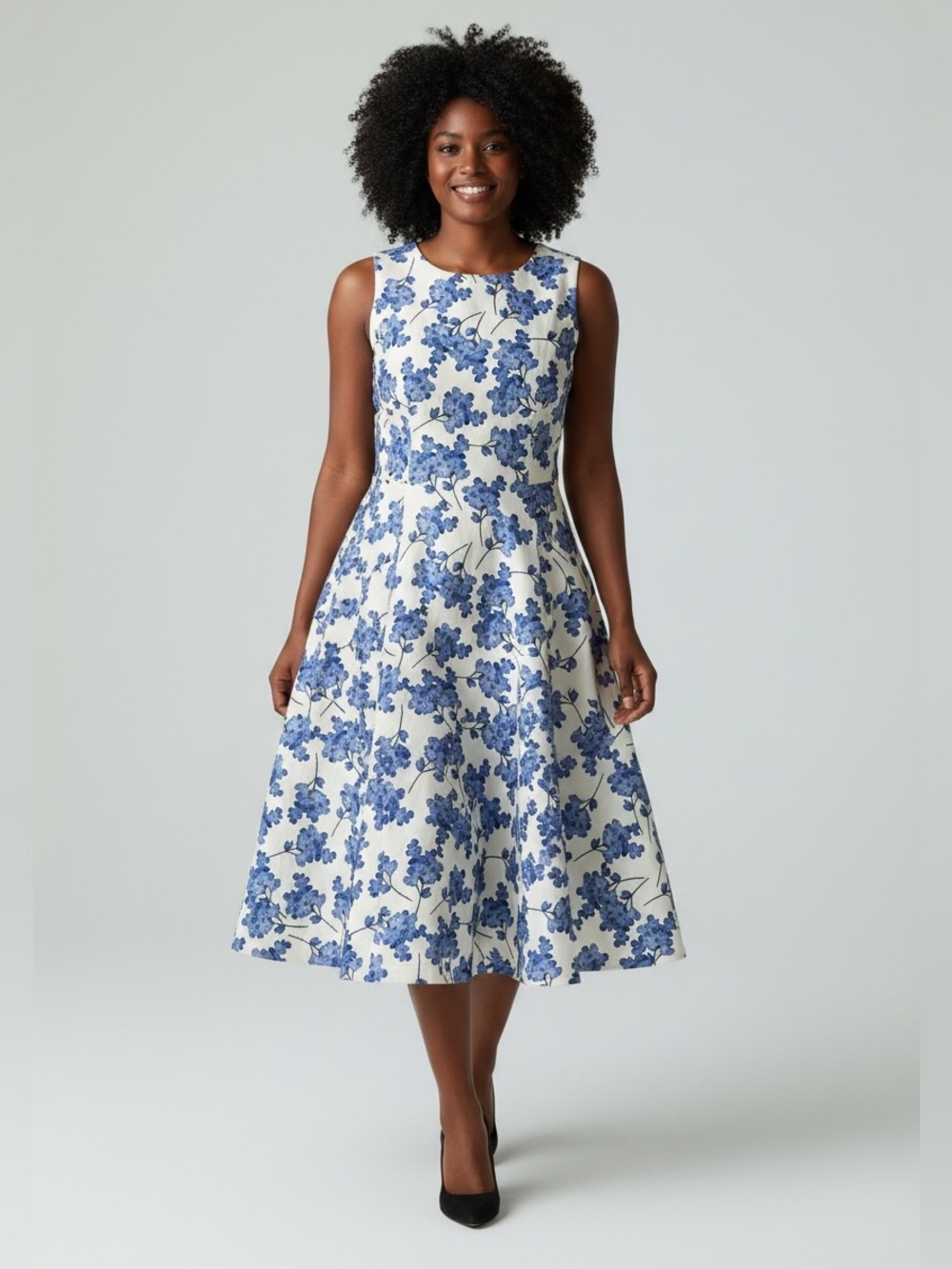 Tommy Hilfiger White Midi Fit n Flair Dress with Blue Amethyst Floral Print